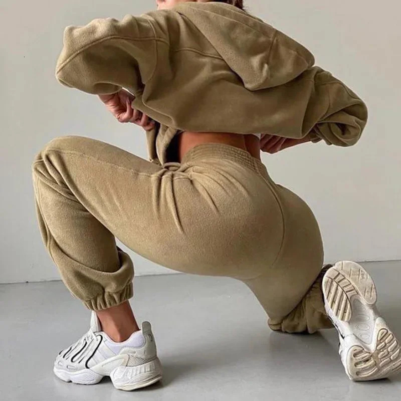 Women Tracksuit Autumn Winter Fleece Two Piece Sets Elegant Solid Oversized Warm HoodiesLong Pant Sports Suit Ensemble Femme 251010