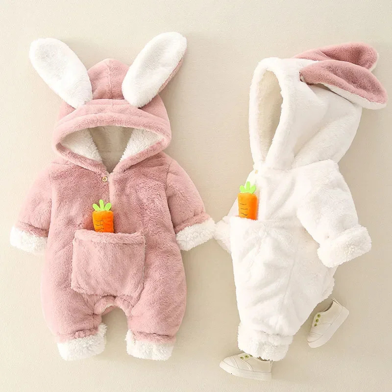 Baby Rompers Winter Warm Coral Fleece born Girl Clothes Cartoon Rabbit Coats Infant Jumpsuit Animal Overalls Pajamas 251022