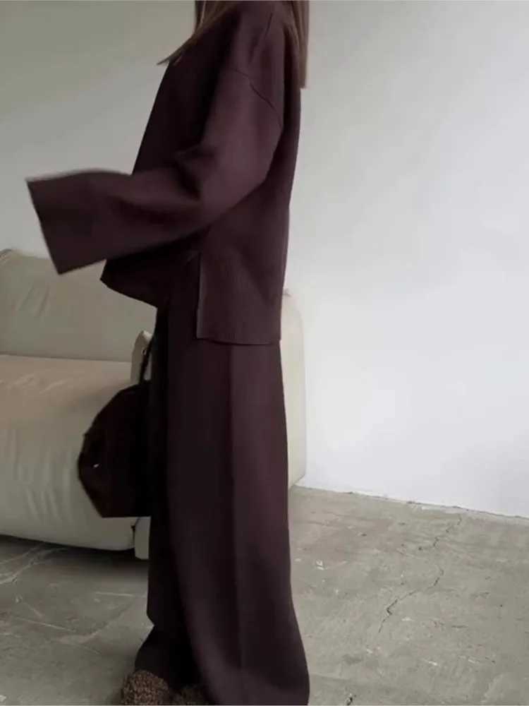 2025 Solid Color Knitted Sweater Two Piece Set Women Fashion Loose O Neck Knitting Pullover Trousers Sets Female Simple StyleT251022