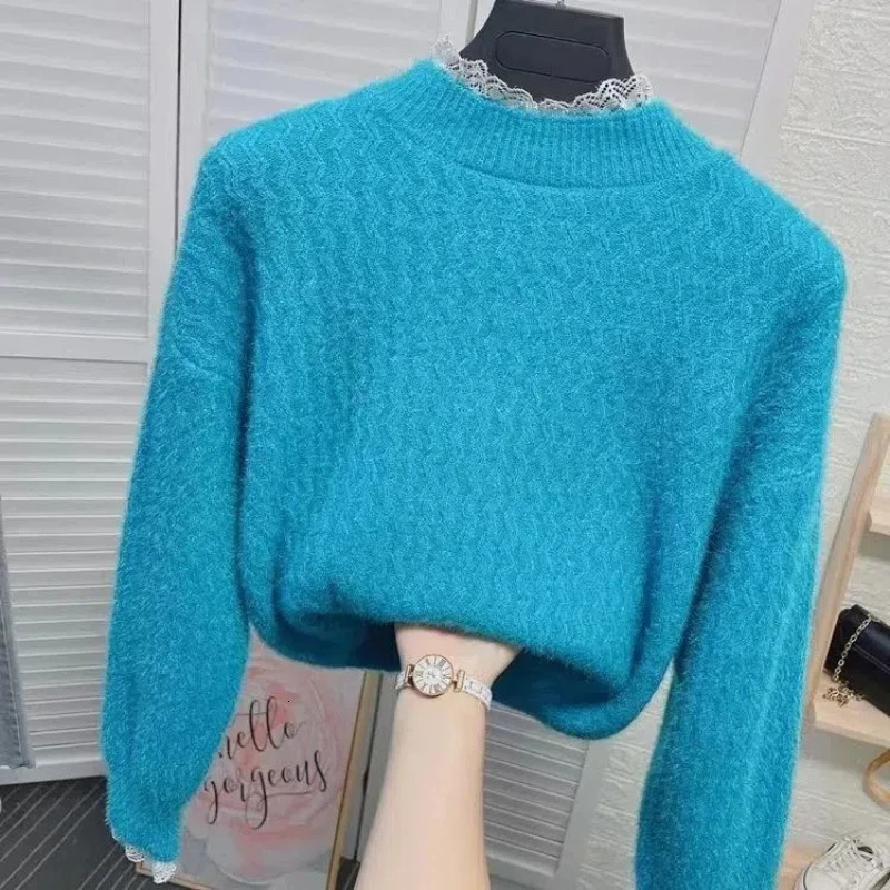 Autumn Winter Round Neck Screw Thread Long Sleeve Womens Clothing Pullover Lace Patchwork Solid Color Sweater Knitted Tops 251016