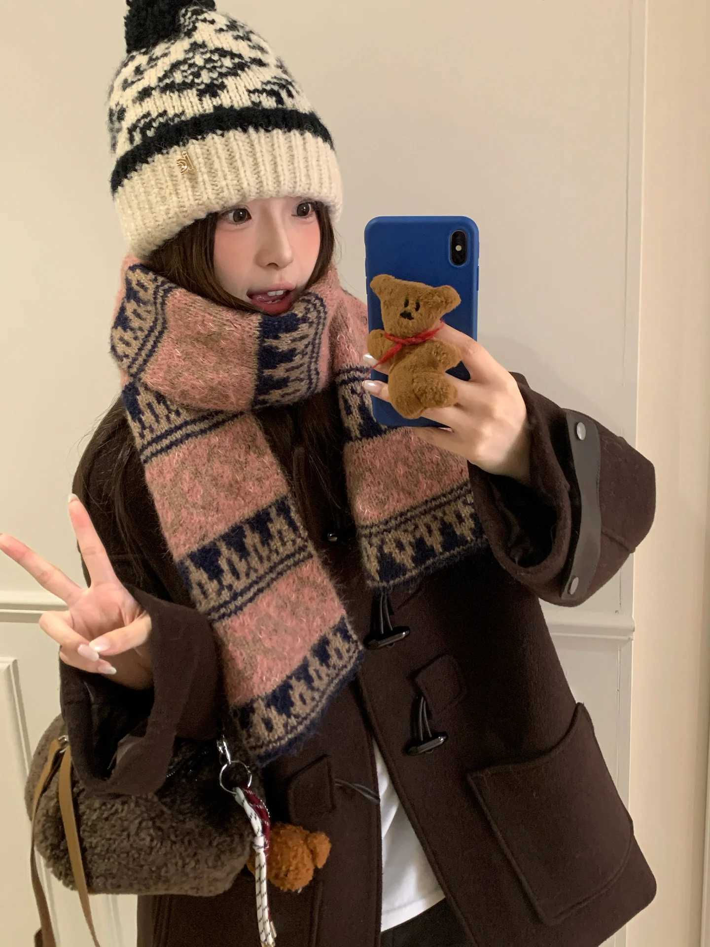 Brown HighEnd Fair Lsle Style Knitted Scarf For Women Thickened And Warm For Autumn And Winter Korean Version Outdoor Use J251022