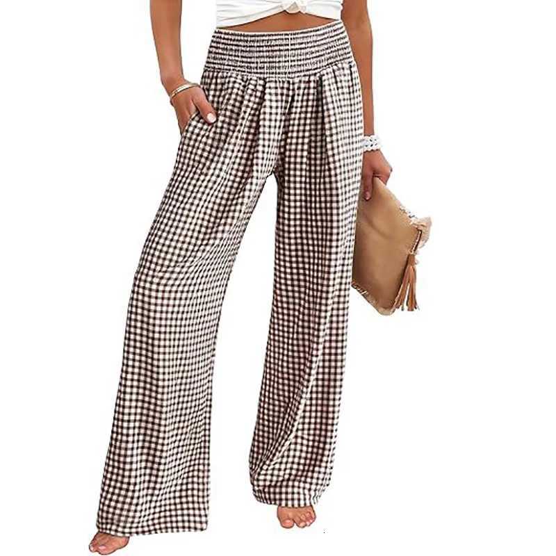 Elegant Retro Solid Baggy Pants Women Loose Elastic High Waist Pocket Plaid Printed Wide Leg Pants For Women Casual TrousersT251022