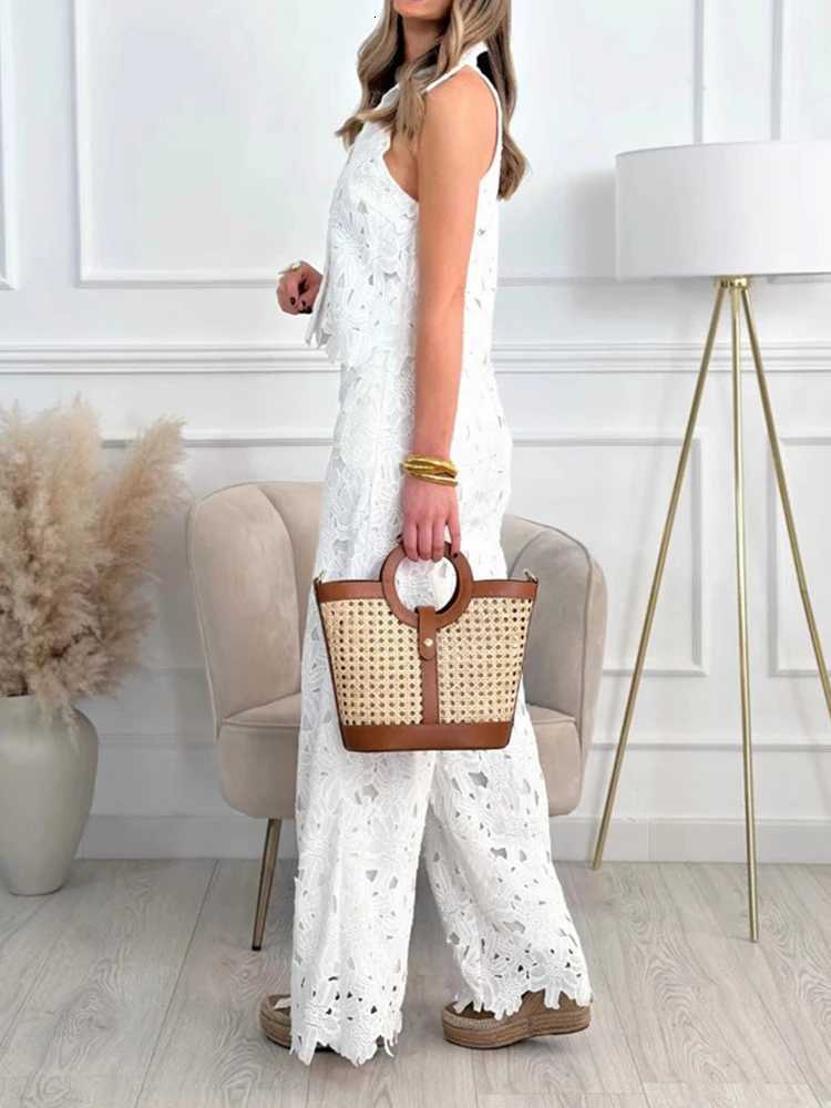 Summer Set Woman Hollow Out Shirt Pants Set Lace Fabric Casual Sleeveless Vest Two Piece Pants Set Wholesale DropshippingT251022