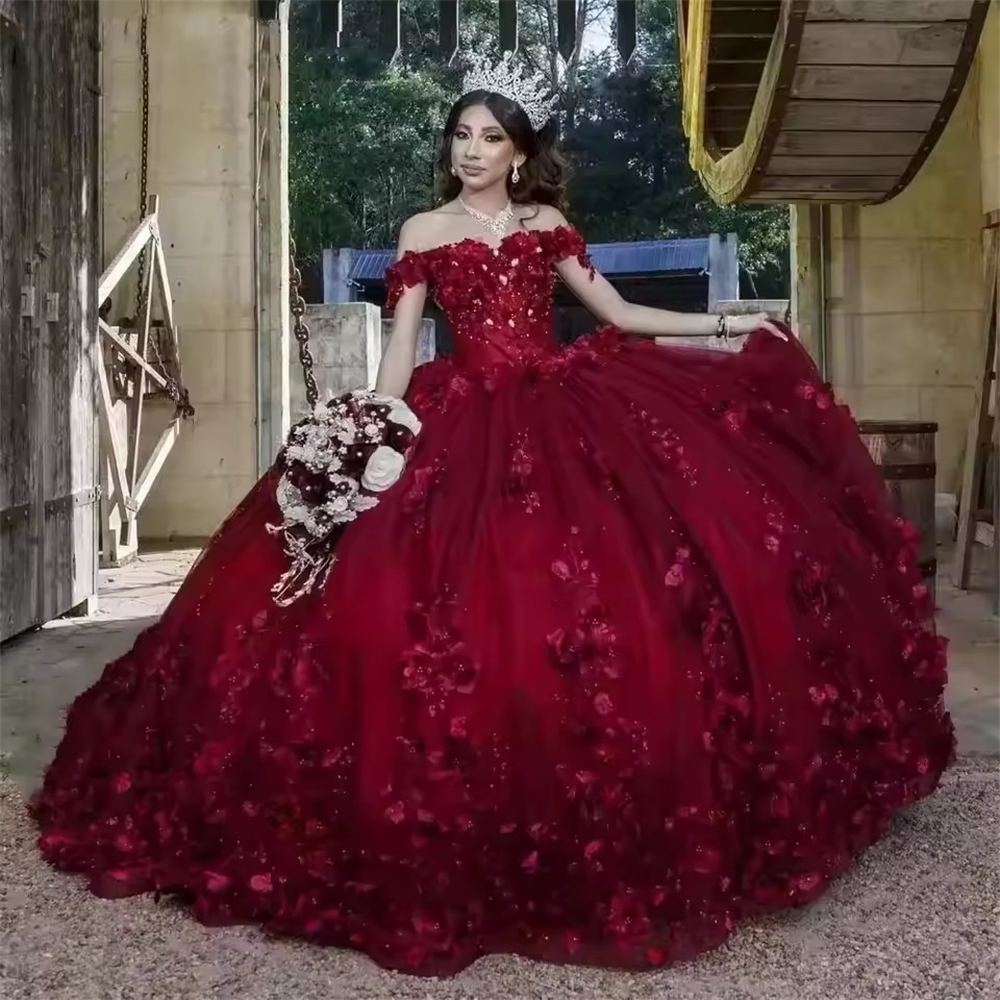 Ball Gown Quinceanera Dresses Burgundy Off Shoulder Vintage 3D Flowers Lace Plus Size Customized Princess Sweet 15 16 Birthday Party Gowns Vestidos De