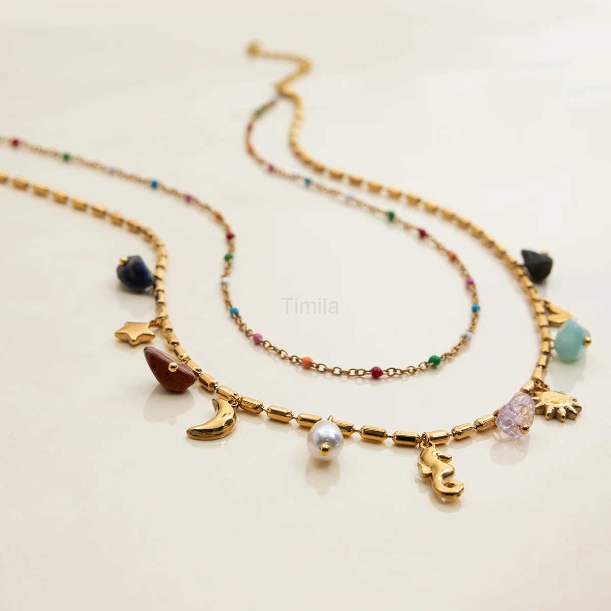 Double Oil Drip Necklace Ocean Style Stainless Steel Womens Natural Stone Seahorse Pendant Necklace Resort Edition U251022