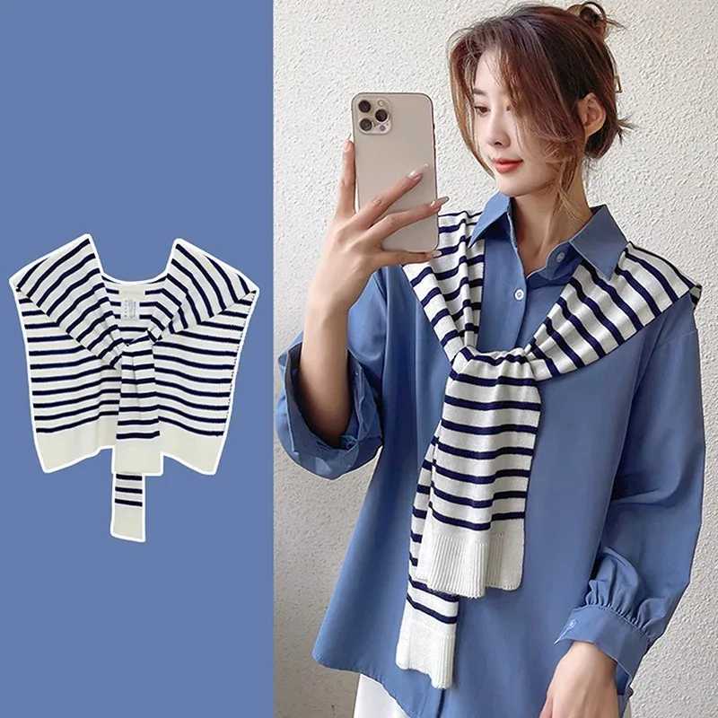 Korean Striped Knitted Warm Shawl Winter Female Blouse Shoulders Fake Collar Cape Knotted Scarf Stripe Outerwear J251118