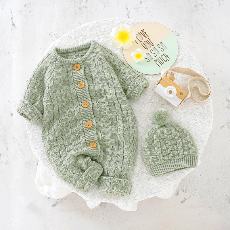 Winter Baby Rompers Clothes Solid Long Sleeve Knitted born Boys Girls Jumpsuits Hats Outfits Sets 018m Autumn Infant Costume 251022