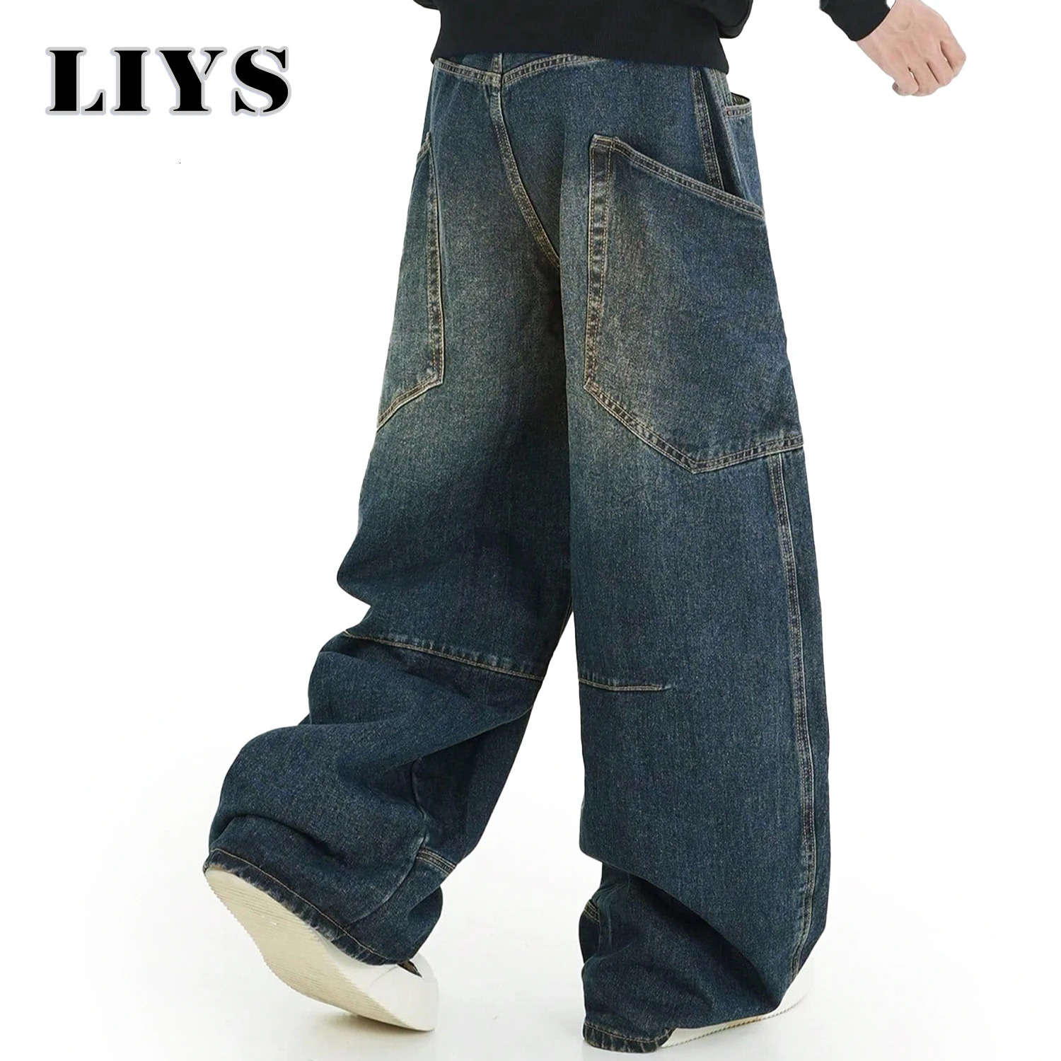 Mens Wear American Washed Denim Pants Vintage Threedimensional Large Pockets Cut Curved Knife Jeans Loose Fit Summer Trend 251017