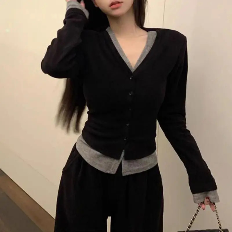 Womens Clothing Fashion Allmatch Two Pieces Tshirt Spring Solid Patchwork Long Sleeve Tops Office Lady Knit Tunic 251020