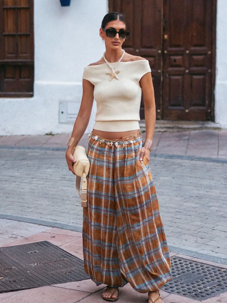 HH Women Autumn Ramie Bloomers Plaid Printed Loose Pants Female Fashion Versatile Drawstring Streetwear Casual Trousers 251016