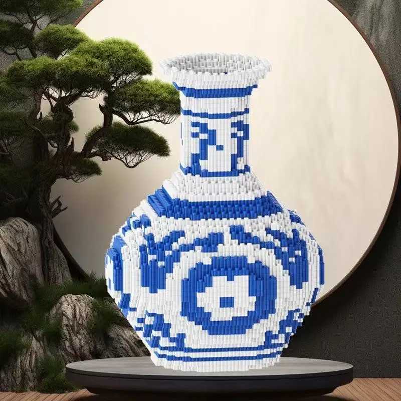 New Chinese Style Blue and White Porcelain Vase Pattern 3D Bear Model Building Block Small Particle Assembly Kids Puzzle Toy J251022