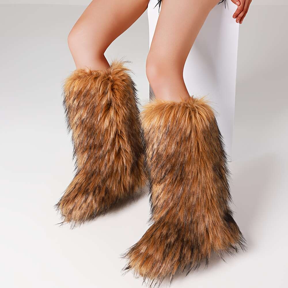 Stylish Women's Fluffy Faux Fur Round Toe Flat Heel Winter Outdoor Warm Knee High Boots