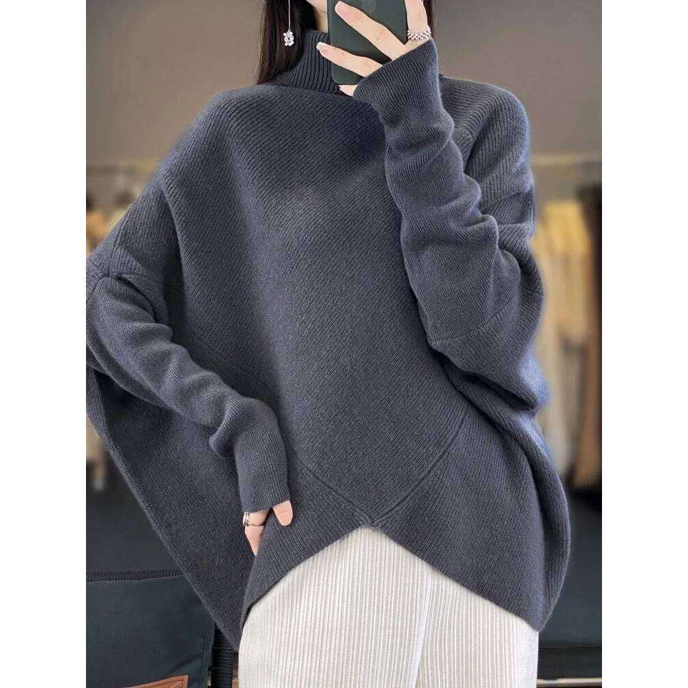 Women's Skin-Friendly Turtleneck Wool Sweater Loose Thick Bat Irregular Monochromatic Autumn Winter Fashion Female Top 251022