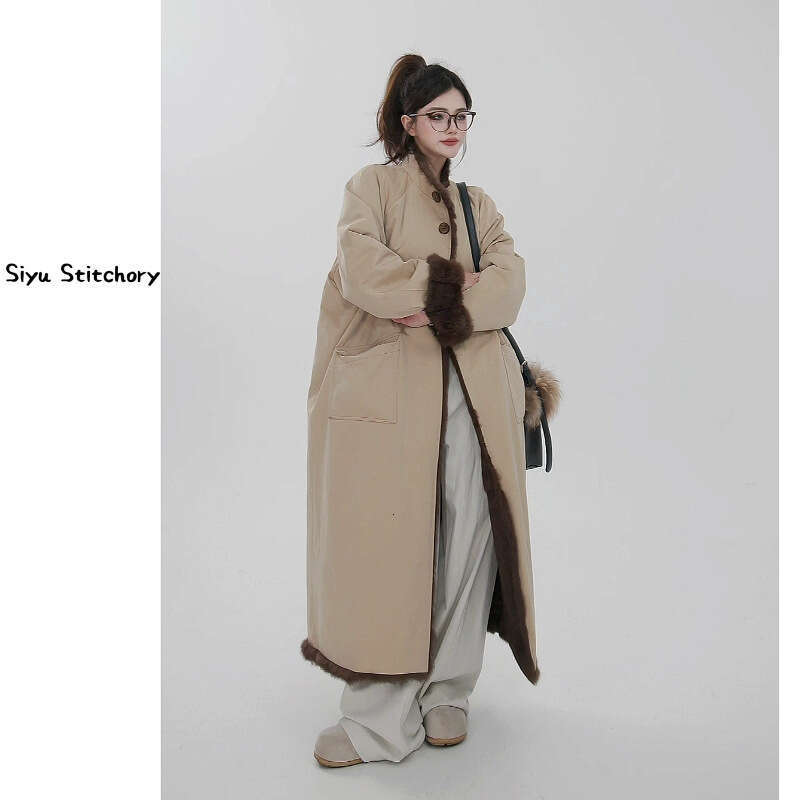 2025 Design New Angora Rabbit Long Reversible Fur Coat For Women Fur Coat Jacket Rabbit Fur Lining Sheepskin Collar Long Style Coat Clothing