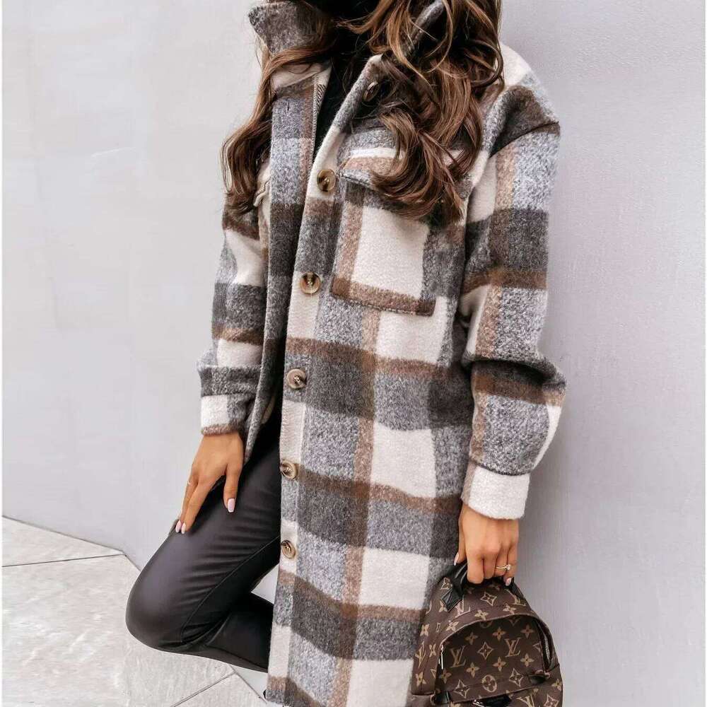 Single Breasted Trench Fashion Autumn Winter Women's Clothing Long Sleeve Woolen Plaid Overcoat Coat