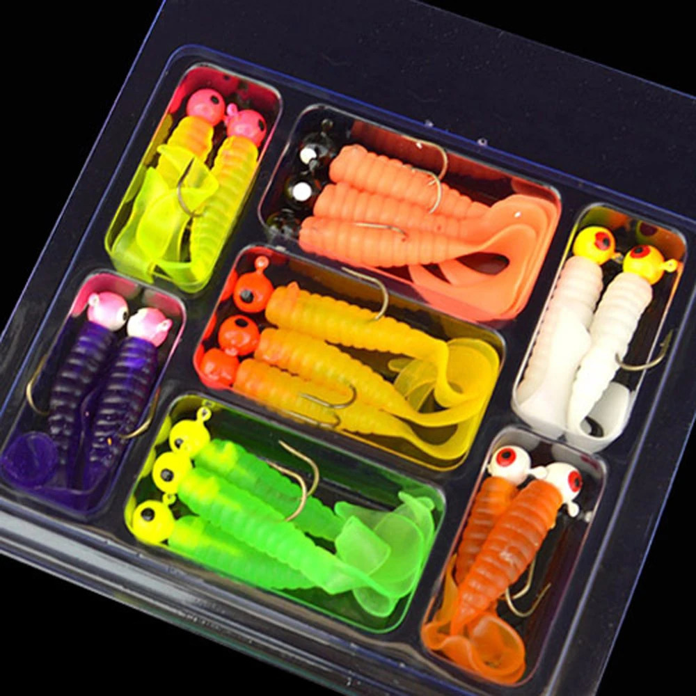 34pcs 1 Set 17pcs Metal Jig Head Fishing Hooks Soft Worm Lure Grub Silicone Fish Artificial Bait Tackle 251022