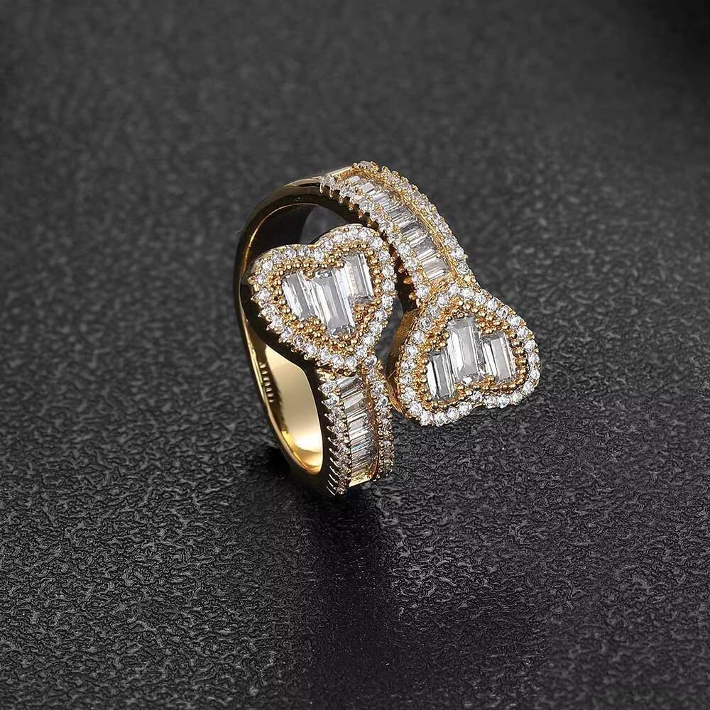 Nuoya High Quality Iced Out Baguette CZ Heart Shape Diamond Ring Double Heart Open Finger Ring