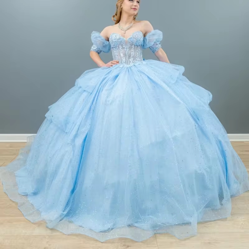 Sky Blue Glitter Ball Gown Sweet 16 Year Old Quinceanera Dresses Beads Bow Elegant Evening Party Dress Vestidos De Gala Vestidos De 15 Anos