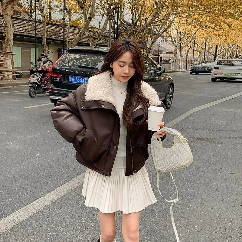 Thick Faux Lamb Pu Leather Jacket Women Y2K Streetwear Loose Lapel Motorcycle Coats Bf American Retro Warm Bomber Outwear 251021