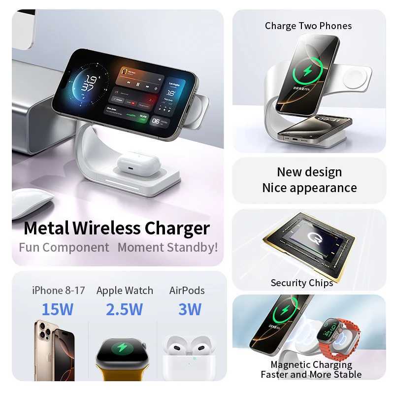 4 in 1 Wireless Charger Metal Shell Magnetic 15W Fast Charging Station Stand for iPhone 1217 Mobile Phones Airpods Watch J251114