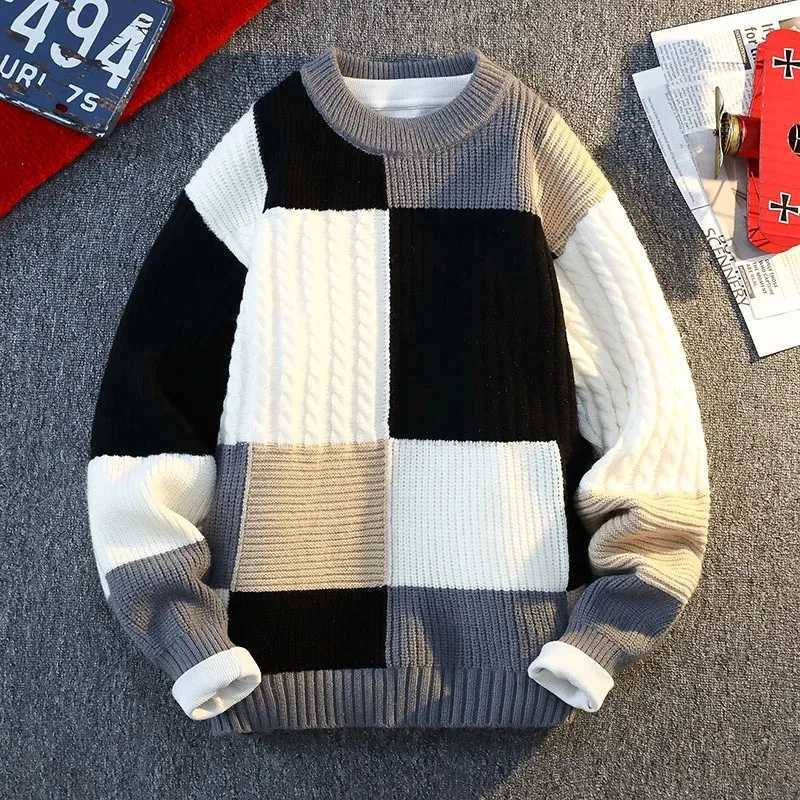 Autumn Winter Mens Round Neck Knit Sweater Fashion Plaid Knitted Pullovers Men Casual Loose Warm patchwork SweatersXJ251022