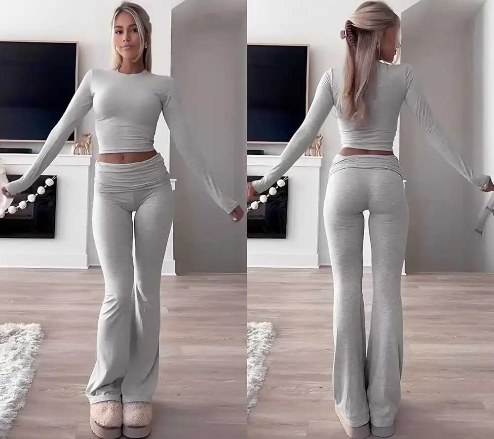 Casual Workout Two Piece Outfits Long Sleeve High Waist Foldover Flare Flared Leggings Pants Tracksuit Sets StreetwearT251022