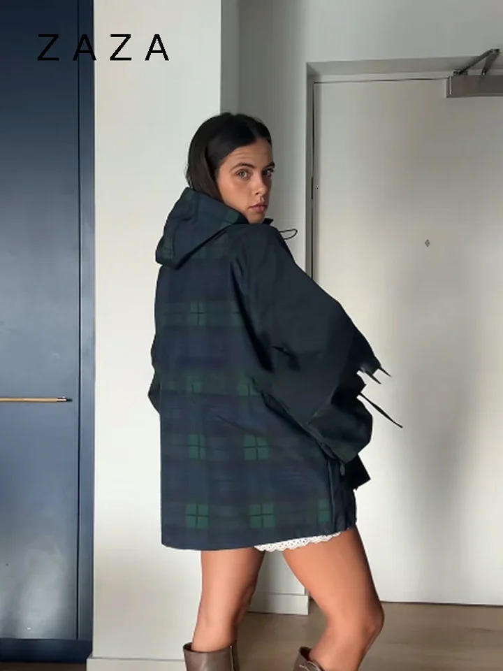 Women Vintage Grid Loose Jacket Oversize Loose Stand Collar Coat Long Sleeve Hoodie Lace Up Outwears Lady Streetwears 251016