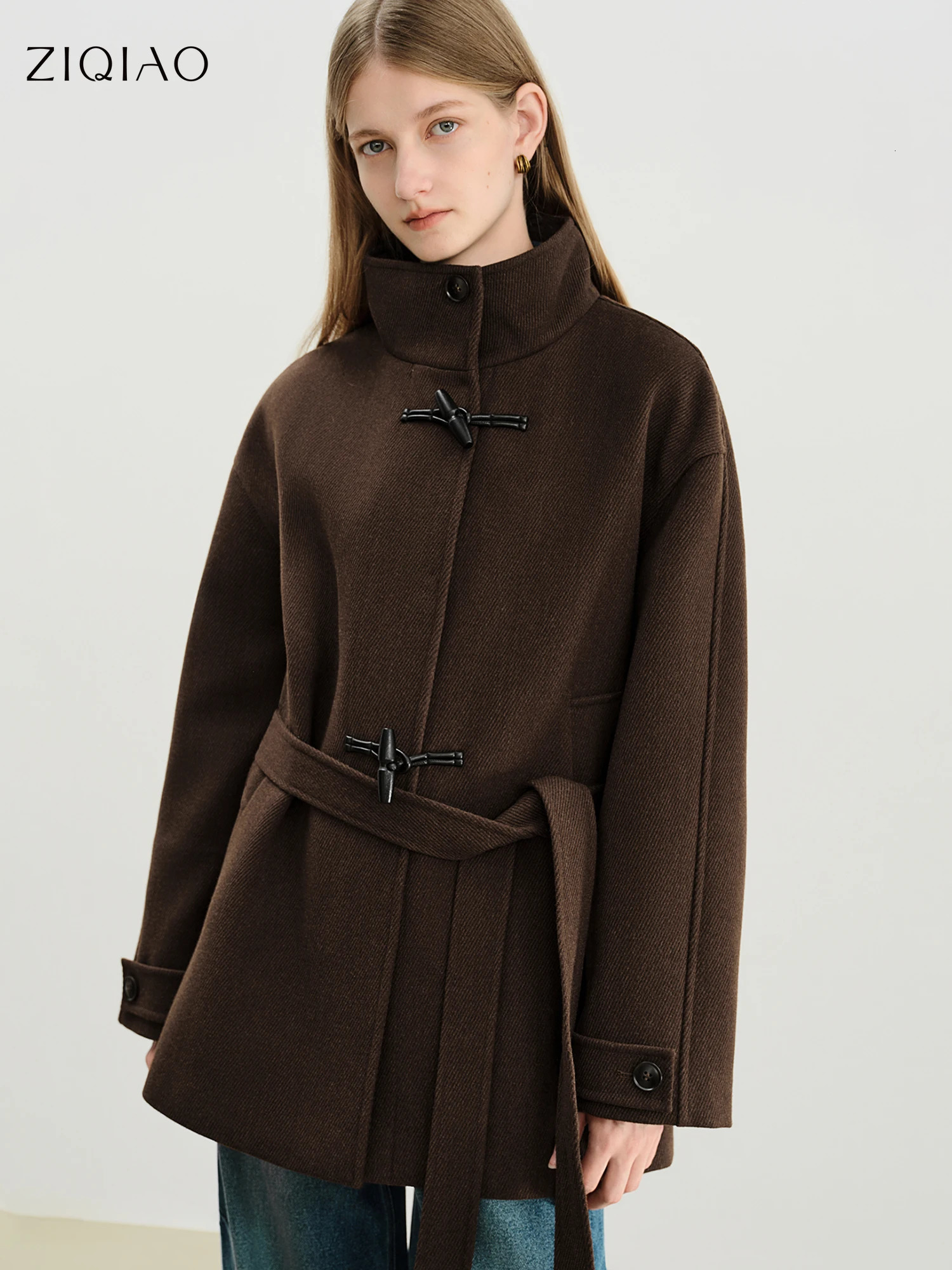 ZIQIAO Korean Style Horn Button Coat Womens Jackets Winter Retro Cropped Loose Leisure French 251021