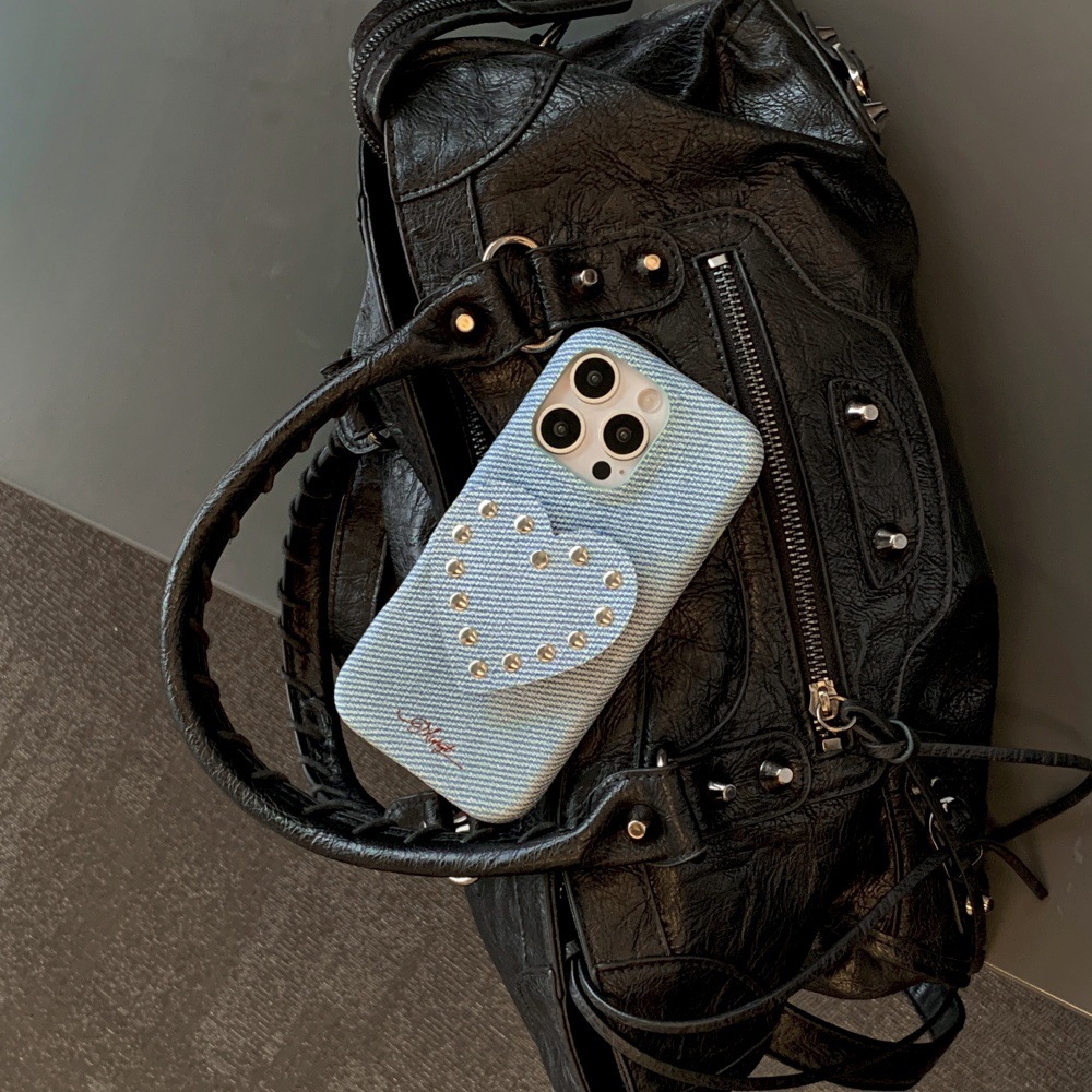 Niche Rivet Heart Stand Phone Case Compatible with iPhone 17 Pro Simple Solid Color iPhone 16/15 Protective Cover
