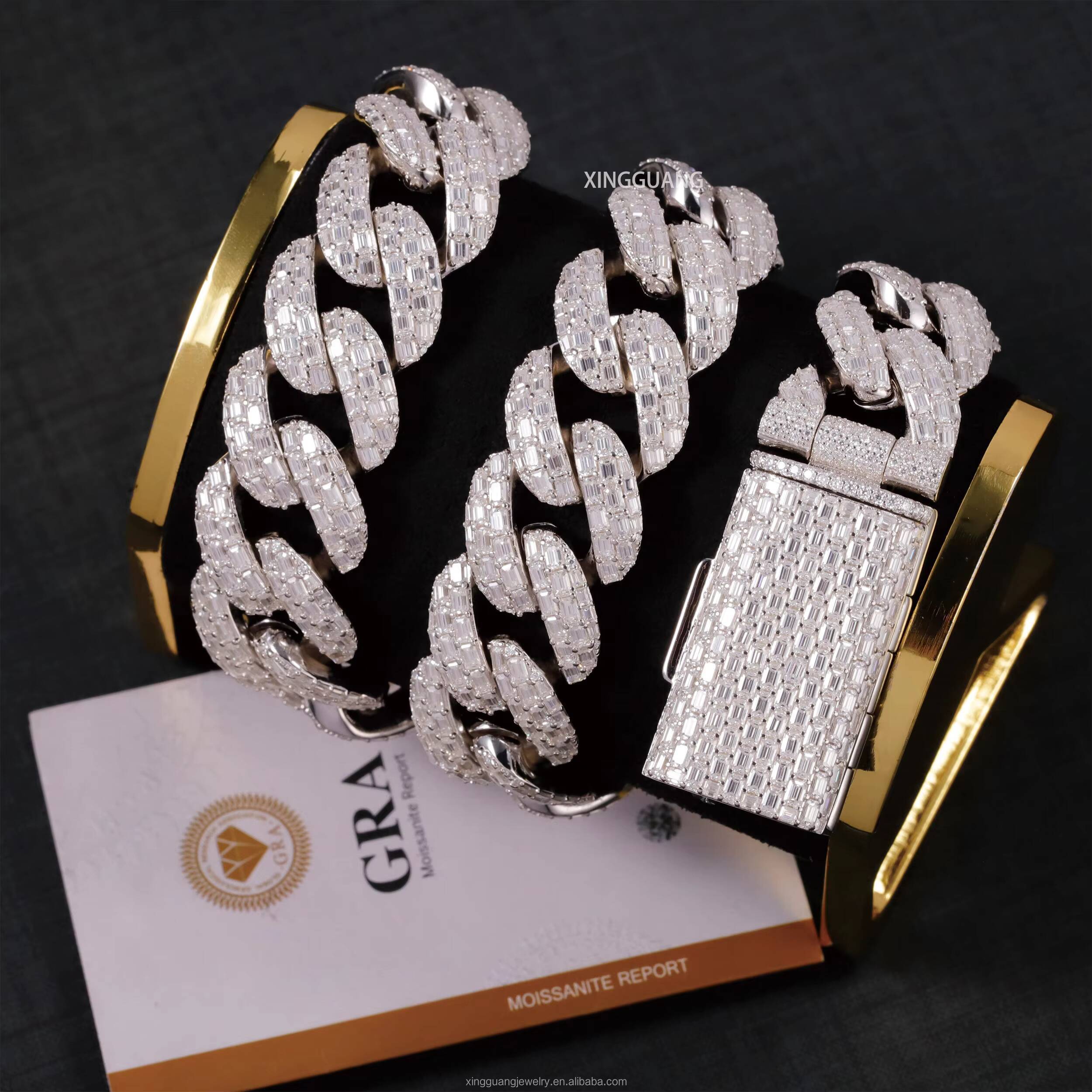 Customized Trend Baguette Moissanite Clasp Full Iced Out Cuban Lidynamic Chains 22MM 3 Rows 925 Silver Pass Diamond Test VVS Moissanite Chains