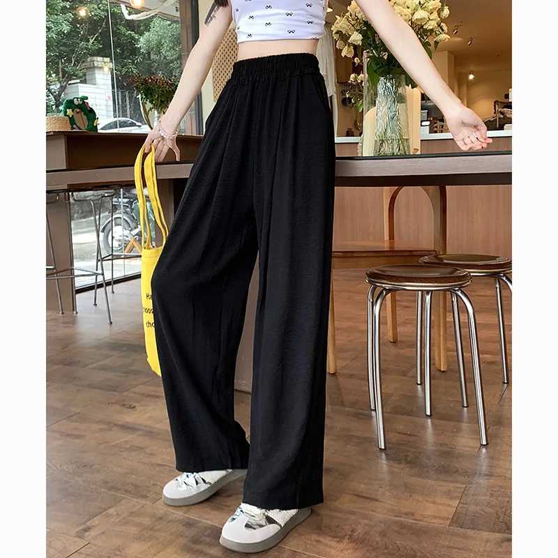 Summer Women Sweet Colorful Ice Silk Pants Lady Baggy Versatile Elastic Straight Leg Trousers Female Wide Leg High Waisted PantsT251022