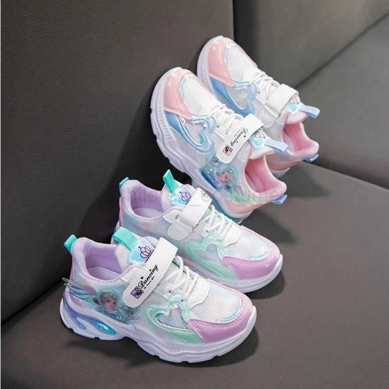 Disney Girls Casual Shoes Frozen Priness Elsa Sneakers Mesh Leather White Breathable Sole Childrens Sport Shoes Size 2637 H251022