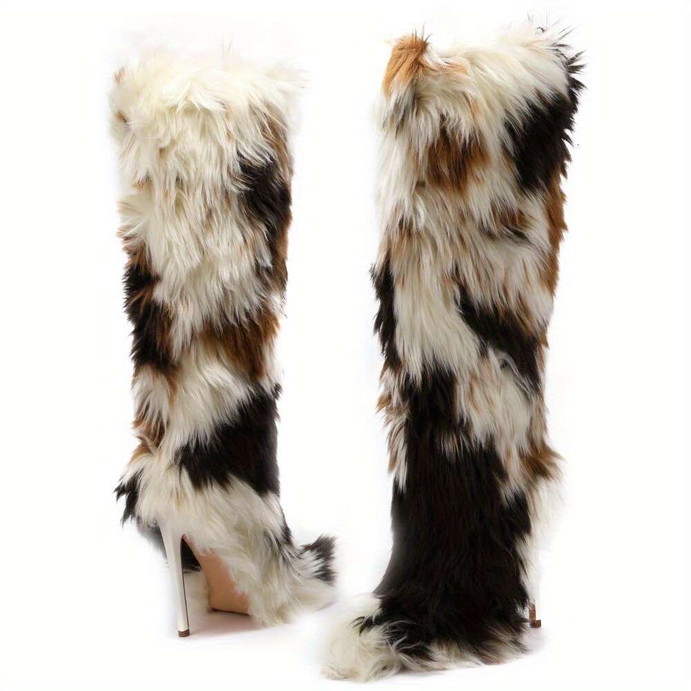 Woman's Faux Fur Knee-High With Kitten Heel Furry Fluffy Pointed Toe Winter Comfy Plush Warm Boots