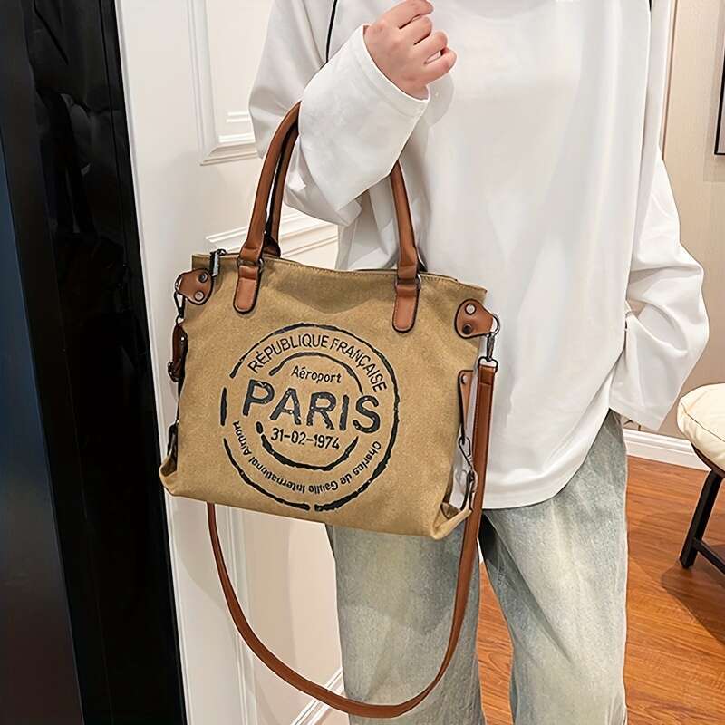 Vintage Paris Shoulder Bag, Retro Crossbody Bag Removable Strap, Lightweight Casual Fashion Tote For High School And College Students, Daily Commute W