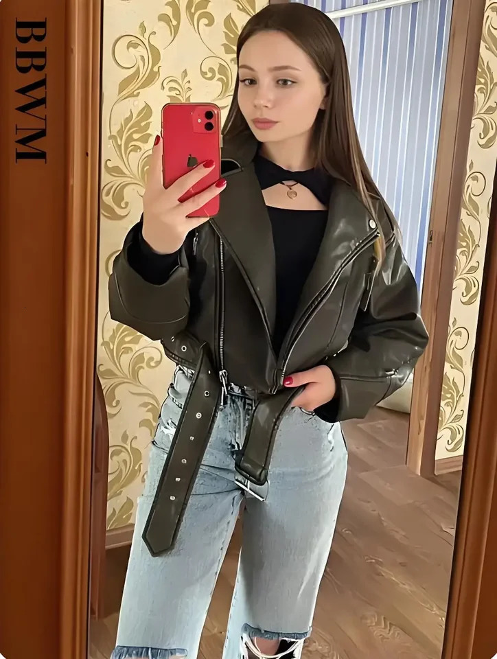 Women Oversized Vintage Loose Pu Faux Leather Short Jacket with Belt Streetwear Female Zipper Retro Moto Biker Coat Outwear 251020