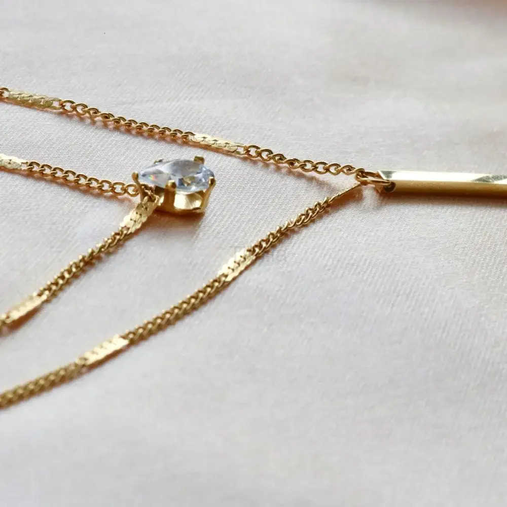 Double Layer Crystal Zircon Pendant Necklace For Women Female Vintage Stainless Steel Choker Chain Neck Wedding Jewelry Gift U251022