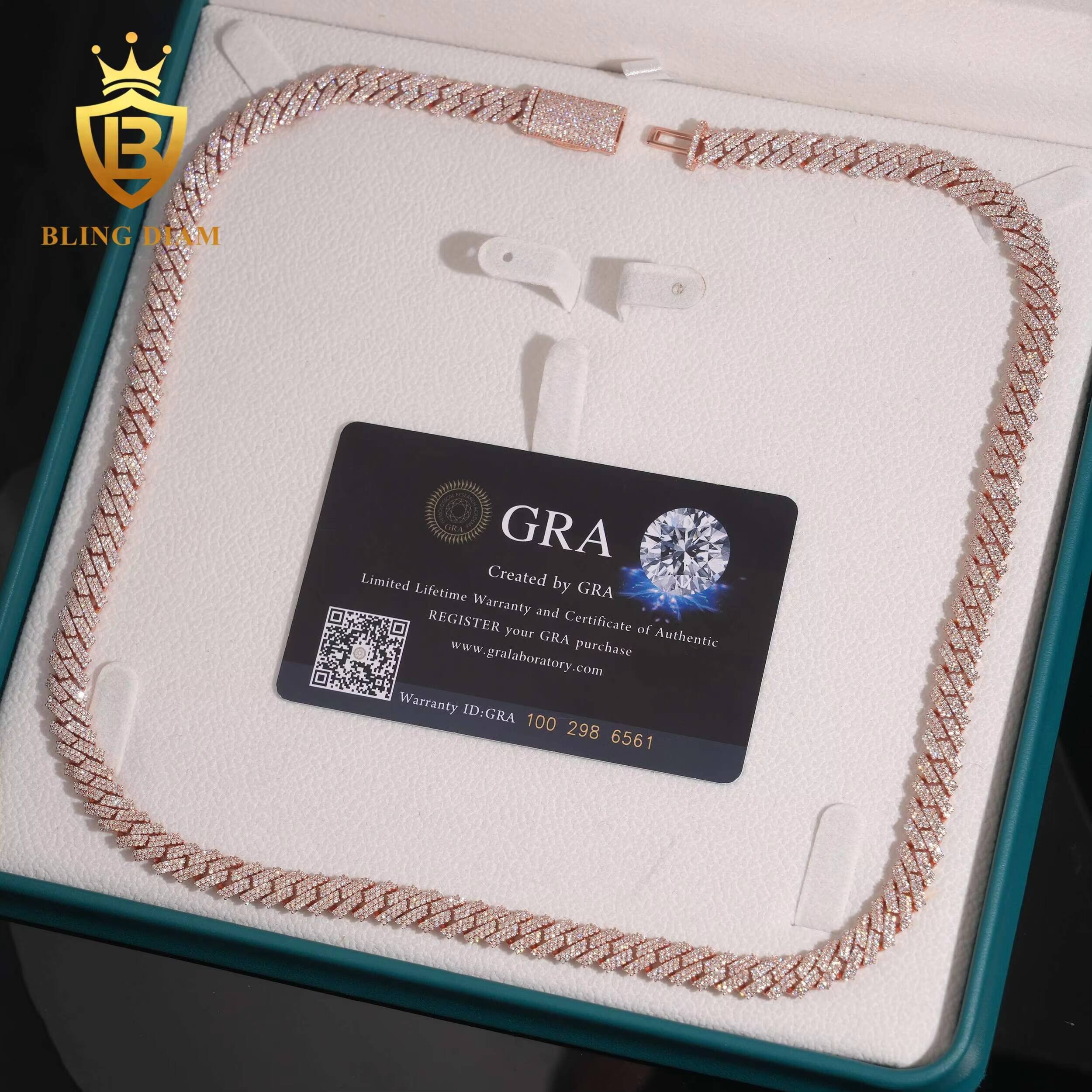 Hot Sale Fine Jewelry 925 Sterling Silver 8mm Hip Hop Moissanite Diamond Iced Out Moissanite Cuban Link Chain