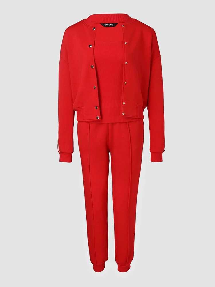 Autumn 3 Piece Tracksuit Outfit Set Striped Tape Patch Button Front Jacket Cuffed Pants Tank Top with Pockets for Casual WearT251022