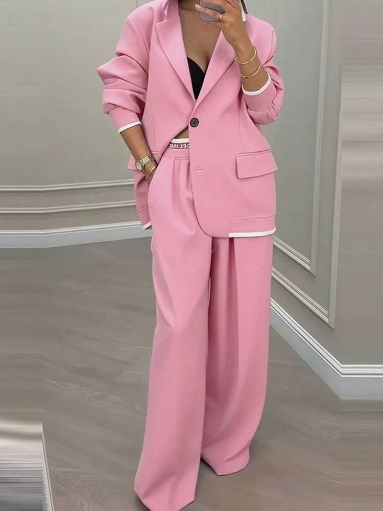 New Womens 2PCS Set Cardigan Top with Wide Leg Pants TurnDown Collar Long Sleeve Patchwork Outfit for Spring Autumn StreetwearT251022