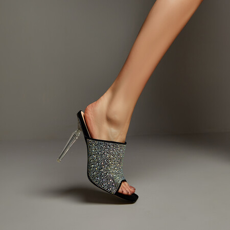 Chengdu Artisan Square Toe Crystal Heel Mule Sandals 11.5cm Stiletto Open Back Evening Shoes Black