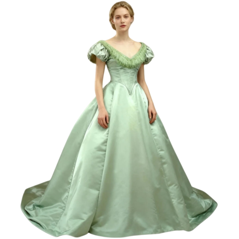 Vintage Sage Princess Prom Dresses Short Sleeves Civil War Historical Evening Gowns V-Neck Satin Ball Gown Special Occasion Wear