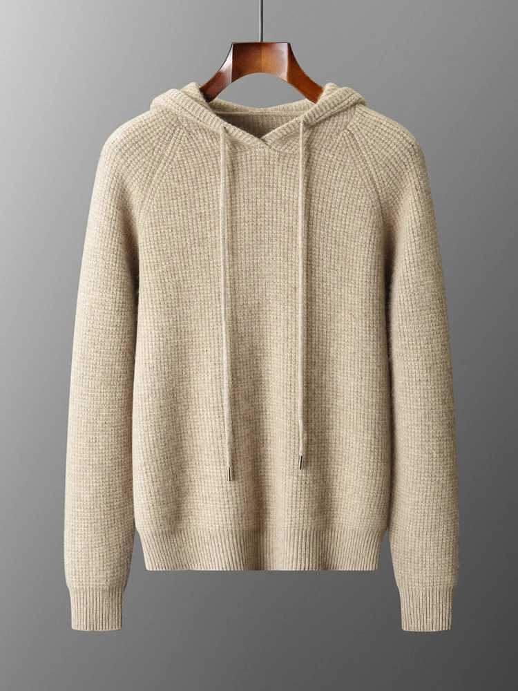 New Basic Mens Sweater Hooded Pullover 100 Cashmere Clothes Autumn Winter Sweater Thick Warm Waffle Texture Casual Knitted TopXJ251022
