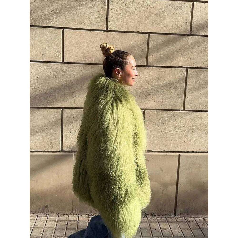 Green Fluffy Faux Fur Jacket Women Fashion Lapel Long Sleeve Loose Warm Coat 2025 Winter Lady High Street Outerwear