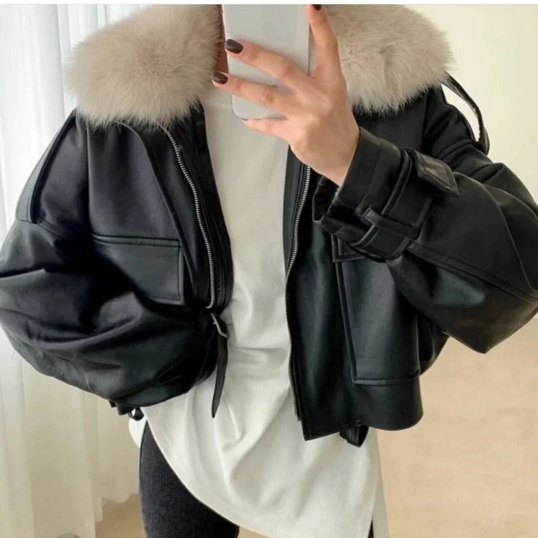 Womens Winter PU Leather Jacket Female Faux Fur Collar Fleece Coats A541 251021