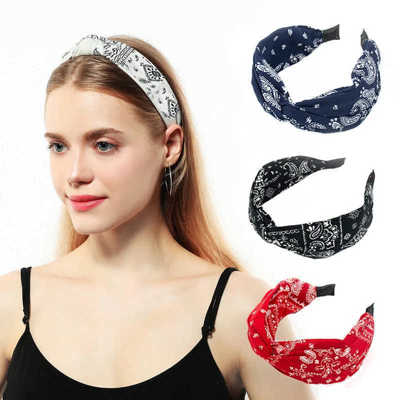 Fashion Cotton Cashew Flowers Printing Soft Wide Hairhoop Hair Accessories for Women Casual Bow Cross Ethnic Headband V251022