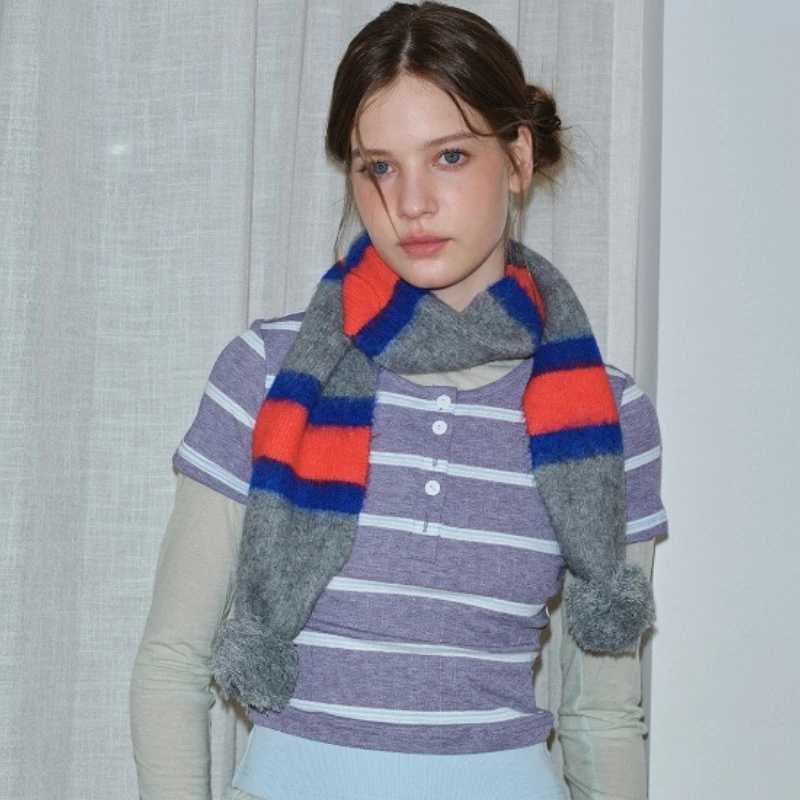 Korean Trend Design WoolBlend Striped Knitted Scarf Women Retro Contrasting Color Scarves with Pom Poms Female Stylish Muffler J251022