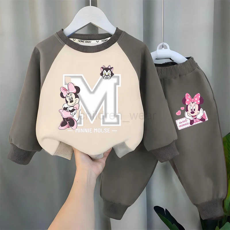 Disney Springautumn Childrens Clothes Sets Cute Minnie Printed Girls Sweatshirt Set Kids Casual O Neck Hoodies Pant 2pcs H251022
