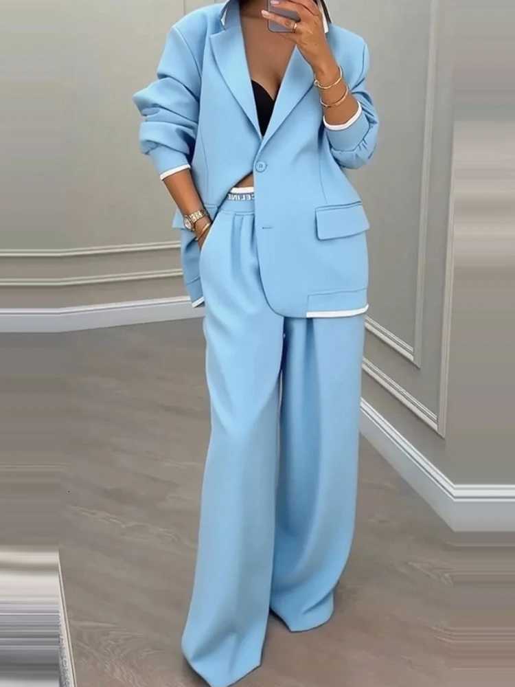 New Womens 2PCS Set Cardigan Top with Wide Leg Pants TurnDown Collar Long Sleeve Patchwork Outfit for Spring Autumn StreetwearT251022