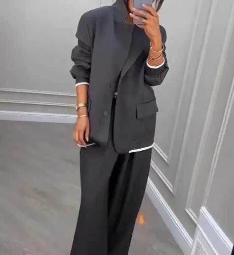 Two Piece Set Women Outfit 2025 Spring Autumn New Grey Commuting Notched Collar Long Sleeve Blazer High Waist Pants SetT251022