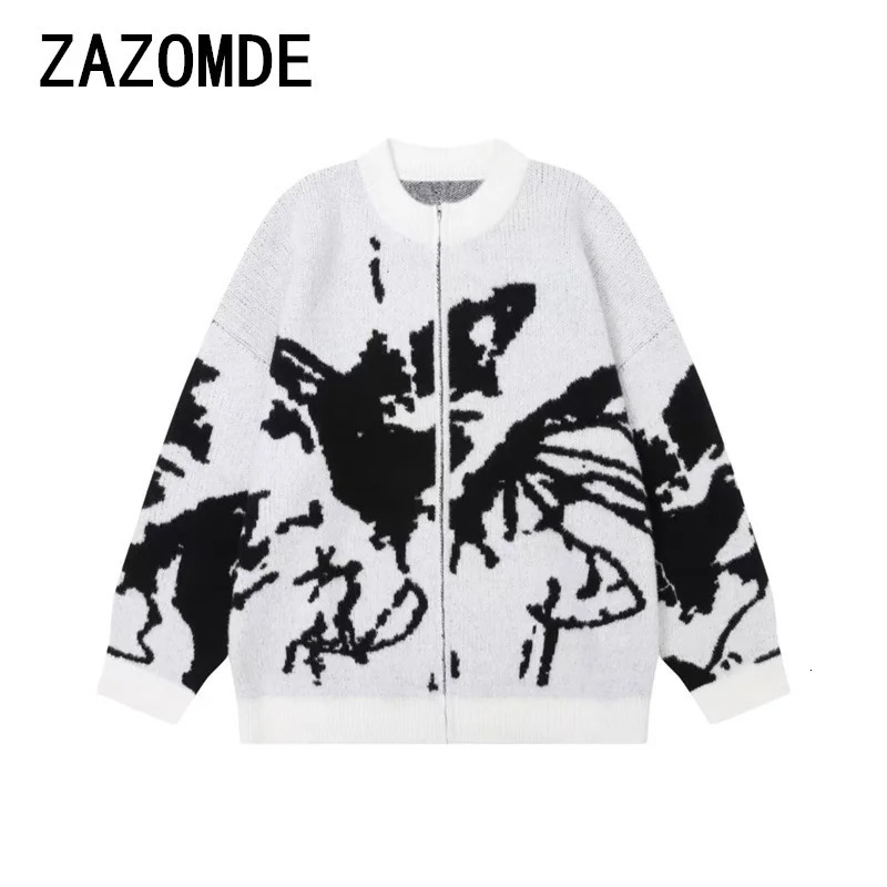ZAZOMDE Men Sweater Cardigan Y2K Vintage Knitted Graffiti Butterfly Zip Up Jumpers Hip Hop Loose Double Zipper Punk Gothic Coat 251020